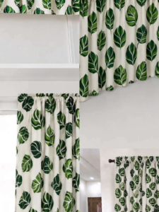 Amandas Collindale olive design.. Green leaf patterned curtains for kitchen window and wall. Suitable for kitchenroom and sala decor..