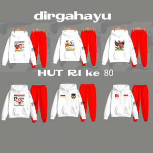 Setelan Hoodie Anak Motif Dirgahayu HUT RI 80 Tahun - Baju Hangat Motif Kartun untuk Usia 3-17 Tahun