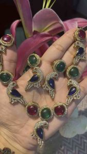 Indian Jewellery Necklace Set Colourful Syntactic Gemstone necklace with peacock glitter white stones with matching peacock earrings. SA-N-2508-015