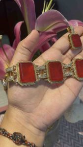 Indian Jewellery Necklace Set Deep Red Moissanite Stone Framed in glitter gold stone with matching earrings. SA-N-2508-014