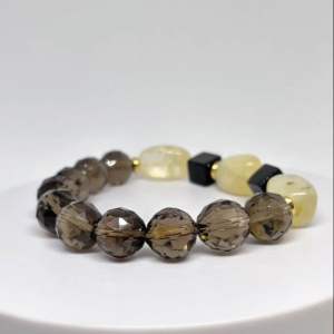 MEG Smoked Gold Contrast Smoky Quartz Citrine Black Obsidian Beaded Bracelet