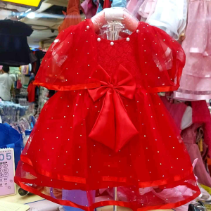 Gaun anak tangan rumbai . Gaun anak bahan atas brokat glitter bahan bawah foil untuk usia 3 - 11 tahun