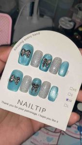 เล็บปลอมเจล สีลูกแกัวฟ้าใส ทรงยาวกลาง แถมฟรีกาว/ตะไบ