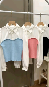 ●ECLAIRE● 043 Blouse Kerah Kemeja Knit Rajut Kombinasi Silky Lengan Panjang Longsleeves Veanie Kantor Korea Kasual Import