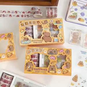 Hộp Washi Tape Và Sticker CAPYBARA Tone Nâu Chất Liệu PET Chống Nước Siêu Yêu
