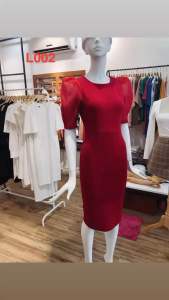 L002 Đầm cổ tròn tay phối voan lụa bóng nhúng bồng form đầm dài xẻ đắp sau