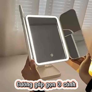 Gương trang điểm đèn LED 3 màu cao cấp để bàn gấp gọn