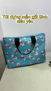 Túi vải đựng mền gối học sinh bán trú 18x28x38 màu xanh dương in hình gấu hoạt hình