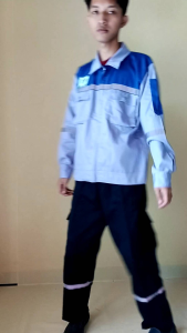 Baju Atasan Safety Lengan Panjang Warna Abu Muda Kombinasi Benhur Bahan American Drill Grade A
