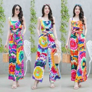 20509  set 2 ชิ้น เสื้อครอปสายเดี่ยวลายมัดย้อม + กางเกงขายาวผูกโบว์ ..