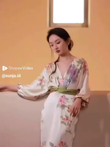 dress kimono long satin premium v neck long dress bunga flower floral vintage