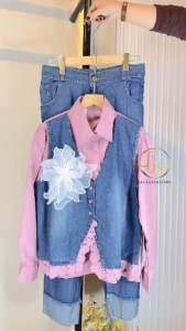 Daily Oneset Jeans Wanita / Setelan Celana dan Blouse Jeanswash mix Katun Salur Garis-Garis Stripe / Setelan Wanita Busui Friendly Lengan Panjang