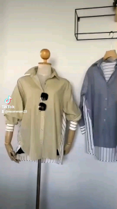 [SG SELLER] Two-tone striped shirt korian style oversize shirt long sleeve casual Tops