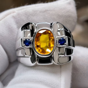 Natural Yellow Sapphire 4.4 carat with blue sapphire silver handmade ring