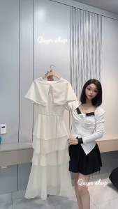 Đầm Dự Tiệc Voan Dáng Dài Bèo Tầng + Áo Choàng Sang Trọng Lịch Lãm QUYN.011