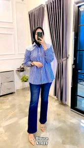 Kemeja Motif Salur Kombi Brukat / Blouse Atasan Kemeja Wanita / Kemeja Salur kombi Tile Brukat