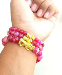 Gelang Manik Manik Striped Pink Agate Sulaiman Bracellet Pixiu Emas