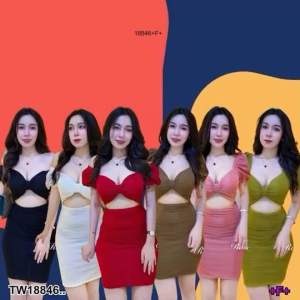 18846 เดรสสั้น แขนพอง ทรงโบว์หน้า ..