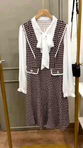 ●ECLAIRE● 043 Dress Mini Leher Pita Lengan Panjang Longsleeves Houndstooth HS Korea Classy Vintage Kerja Kasual Casual Resmi Formal Mode Import 8630