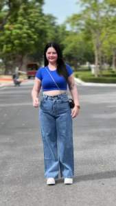 กางเกงยีนส์บิ๊กไซส์ขากระบอกเอวสูง กางเกงยีนส์สาวอวบขากระบอก