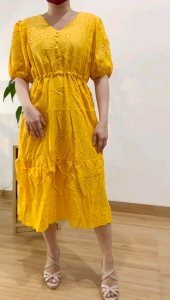 ●ECLAIRE● 003 Dress Midi Cotton Embroidered Bordir Shortsleeves Lengan Pendek Drawstring Serut Waist Korea Kasual Pesta Import 58300