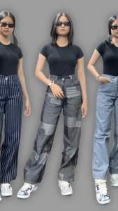 Jeans Wanita Casual High Waist Patchwork Garis Salur Full Length