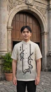 【 PREMIUM 】Modern Polo Barong Piña Organza Short Sleeves Embroidery Mandarin Collar