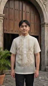 【 PREMIUM 】Modern Polo Barong Piña Organza Short Sleeves Embroidery Mandarin Collar