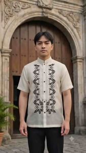 【 PREMIUM 】Modern Polo Barong Piña Organza Short Sleeves Embroidery Mandarin Collar
