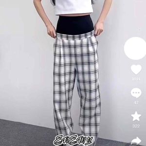 F19 Hot Selling Women Summer Plaid Pants Women High Waist Wide Leg Pants Seluar Kotak-kotak Wanita