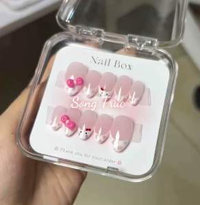M47 - Nailbox Design Mẫu Tay Thiết Kế Mèo Hello Kitty Fench Trắng Dễ Thương