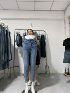 กางเกงยีนส์สาว ผ้ายืด เอวสูง ลายดาว ปัดสองข้าง เอวยางยืด