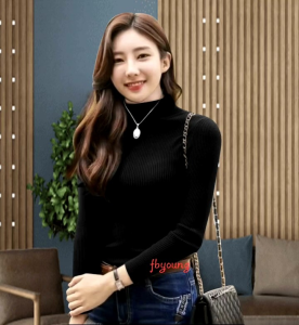 Long Sleeves Turtleneck Manset Wanita Polos Bahan Rib Premium
