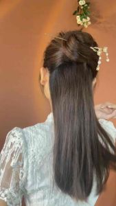 Trâm cài tóc thân kim loại tua rua hoa màu xanh và hồng trâm búi tóc cho nữ đính ngọc
