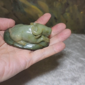 Premium Type A Yellow Jadeite with "Jade skin" light blue green hue 3 dimensional Ox Jade palmstone decor display (with certificate)