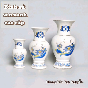 Lọ hoa thờ cúng sen xanh/Bình hoa sứ trắng sen xanh cao cấp