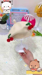 Nón Nồi - Mũ Len Đính Hình Quả Cherry 3D Cho Bé Gái 0-2 Tuổi