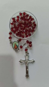 Red Rosary Sacred Jesus Center Medal Acrylic Beads 6mm with Round Case