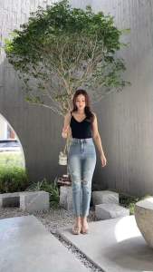 JH2520 กางเกงยีนส์ทรงboyfriend เนื้อยีนส์ยืด สีฟอก เอวสูง Tag::Major Made