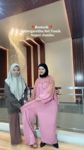 Margaretha Set Tunik Super Jumbo - Setelan Tunik Wanita LD 165 cm Crinkle Airflow Premium Polos Atasan Bawahan