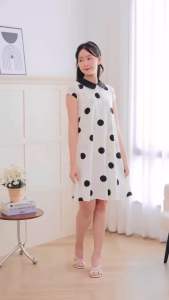 Mommade-เดรสให้นม ชุดให้นม White Polkadot Lotus Dress