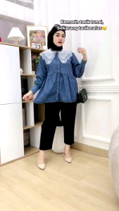 Atasan Wanita Bahan Jeans Wash Bordir Mix Organza/Atasan Wanita Terbaru/Atasan Blouse Jeans/Kemeja Jeans Wanita
