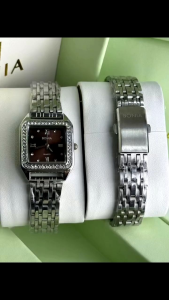 Womens Silver Metal Watch with Green Dial and Crystal Accents