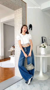 AimornShopp เสื้อครอปแขนตุ๊กตา ครอปลูกไม้ คอบัว แต่งดกระดุมน่ารักๆ