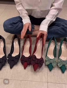 🇲🇾Ready Stock Women Bow Pointed Silk Stiletto High Heels Wedding Shoes/Work Shoes/Kasut Raya/Kasut Nikah (7cm)