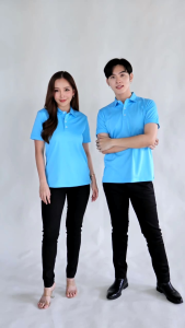 เสื้อโปโลเชิ๊ต U COOL สีฟ้าราชินีปัก ดอกมะลิMOM เนื้อผ้า polyester100% แห้งเร็ว