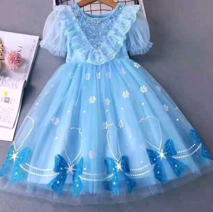 Free crown Frozen Elsa blue ribbon short sleeve kids birthday party tutu princess dress and Halloween costume