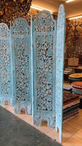 ฉากกั้นห้อง ไม้สัก ที่กั้นห้อง ฉากบังตา ฉากกั้นตกแต่ง ฉากพับ บานเฟี๊ยม 6 พับ แกะสลัก สีขัดขาวฟ้า 210x180x1.7cm Bluewhitewash Wood Carved Room Divider