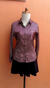 atasan kemeja wanita coklat salur silk SHAIMA cewek M L lengan panjang MEWAH kerja kuliah