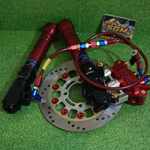 PAKETAN HEMAT BOTTOM SHOCK DEPAN HONDA + KALIPER NSSN MONOBLOK 4PISTON + BREKET + BAUT PROBOLT GOLD + SELANG REM NSSN 95CM + PIRINGAN NSSN FLOATING 220MM FULL CNC PNP MATIC HONDA BEAT/ VARIO/ SCOOPY/ GENIO/ SPACY